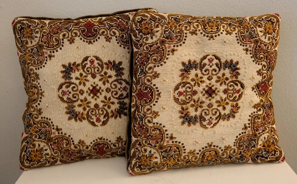 Set of 2 VTG Avocado Velvet Pillows Tapestry Floral 1960s Cottagecore 12 x 12